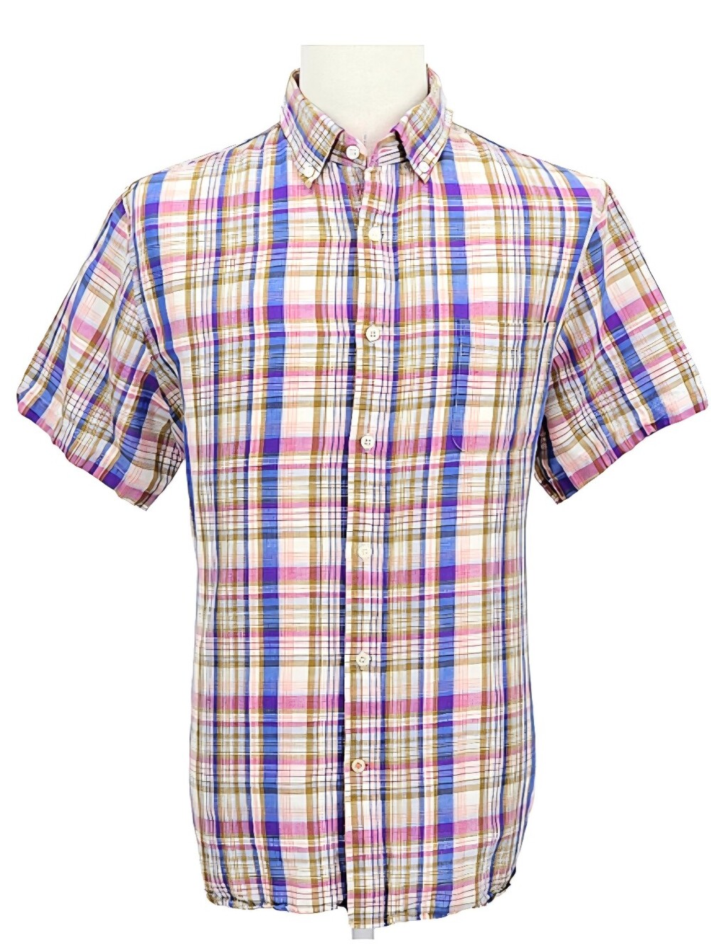 Resort Linen Cotton Shirt Hickey Freeman XL Plaid Short Sleeve Summer